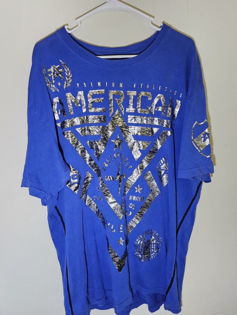 Men's American Fighter Silver/Blue T Shirt MMA Fight Wear Dbl Sided Size XXL 2XL